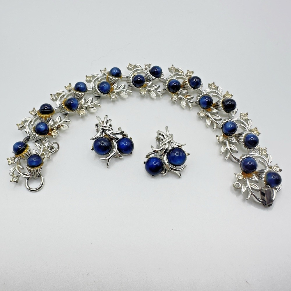 Coro Vintage Blue Moonglow Thermoset Bracelet Clip Earrings Sz 7.25 Silver Tone